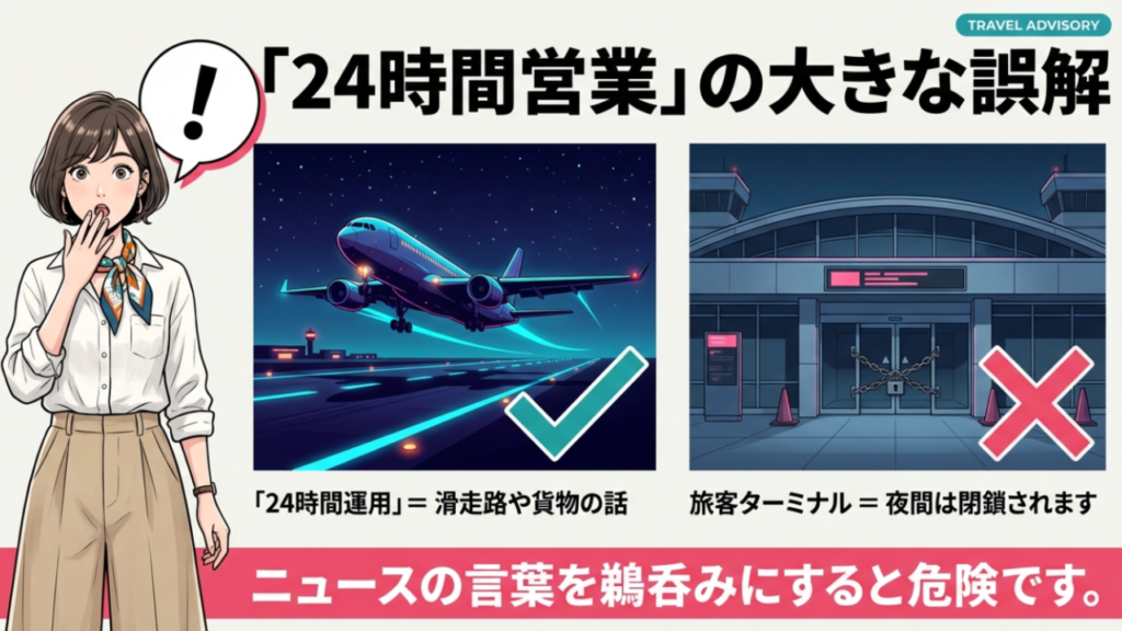 那覇空港の24時間営業は誤解。夜間はターミナルビルが閉鎖され、立ち入り禁止になるイラスト。
