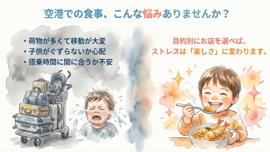 那覇空港の子連れランチ!飛行機が見える店や穴場フードコートを紹介 1 那覇空港での子連れランチの悩み:荷物が多い、子供がぐずる、時間に追われる