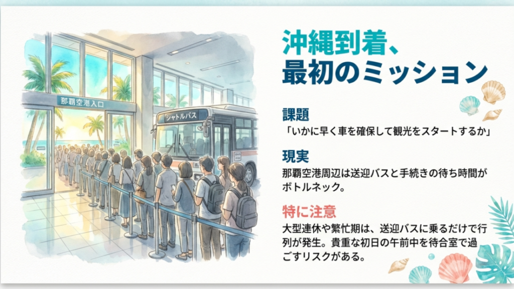 那覇空港のレンタカー送迎バス待ちで発生する行列と混雑の様子