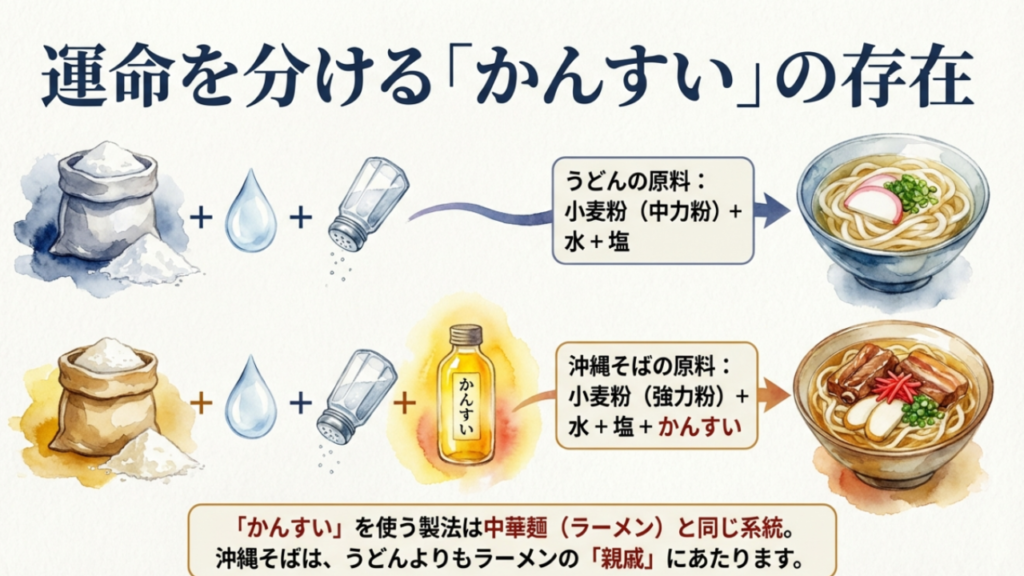 うどんは中力粉と塩水、沖縄そばは強力粉とかんすいを使用する原料の違いを解説した図
