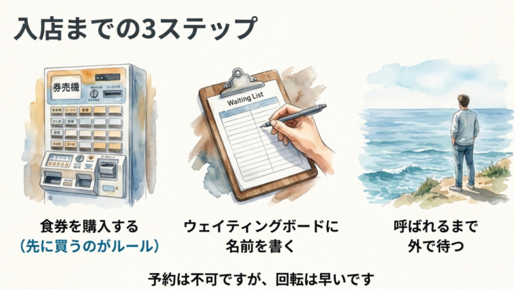 入店までの3ステップ：1.券売機で食券を購入、2.ウェイティングボードに名前を記入、3.海を見ながら外で待つ。