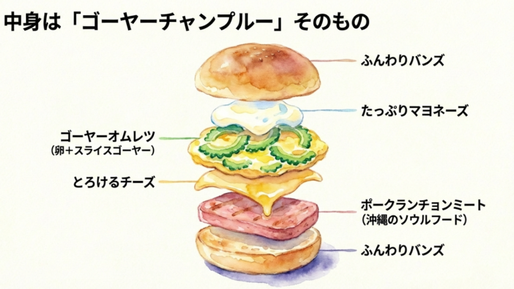 ぬーやるバーガーの断面図イラスト。ふんわりバンズ、ゴーヤーオムレツ、とろけるチーズ、たっぷりマヨネーズ、ポークランチョンミートの層構造が解説されている 。