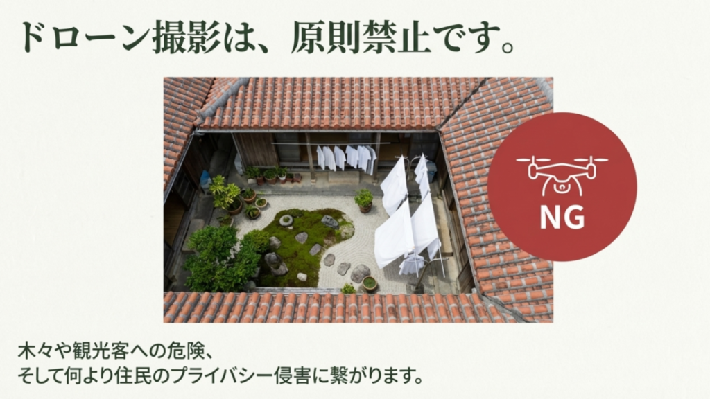 備瀬のフクギ並木上空でのドローン撮影が原則禁止であることを示すNGマークとプライバシー侵害への警告。