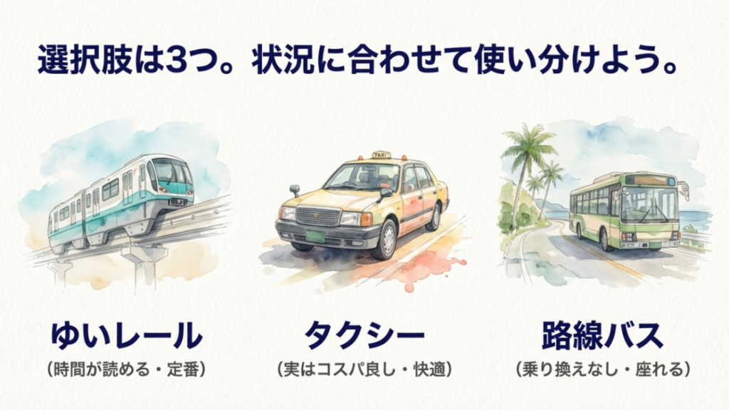 国際通りから那覇空港へゆいレールやタクシーの最適移動手段を比較 2 那覇空港への移動手段比較:ゆいレール、タクシー、路線バスのイラスト