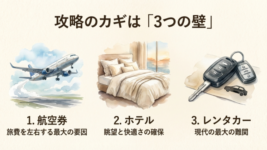 沖縄旅行の旅費を左右する航空券、ホテル、そして最大の難関であるレンタカー予約の3つの重要ポイント