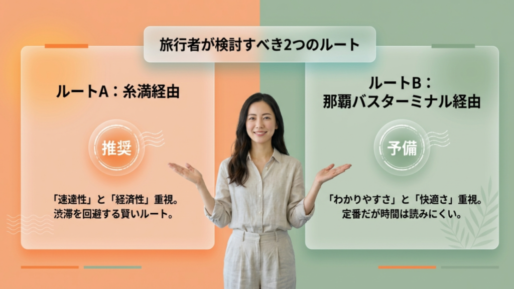 推奨ルートA（糸満経由）と予備ルートB（那覇バスターミナル経由）の比較図