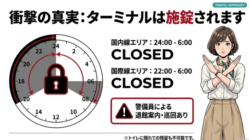 那覇空港の閉館時間を時計グラフで図解。国内線は24時から6時、国際線は22時から6時まで閉鎖される。