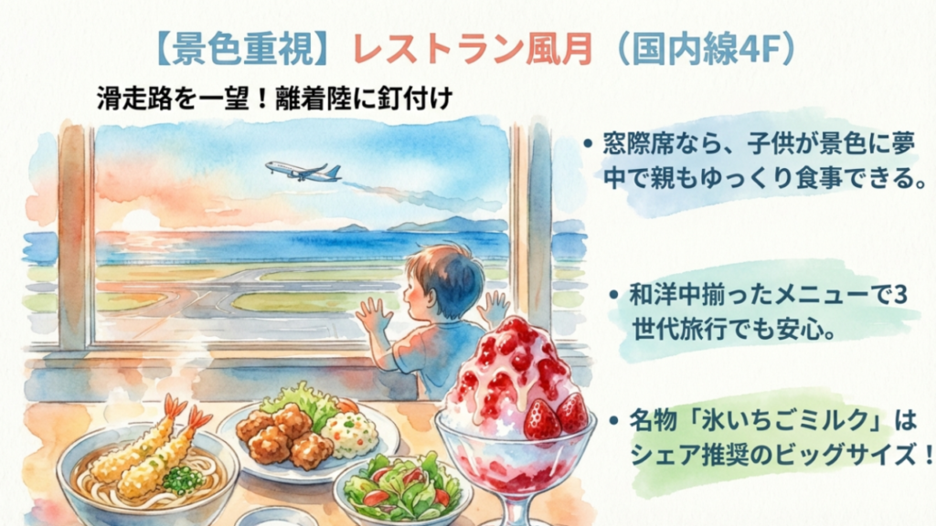 那覇空港の子連れランチ!飛行機が見える店や穴場フードコートを紹介 2 レストラン風月:滑走路が一望できる窓際席と名物氷いちごミルク