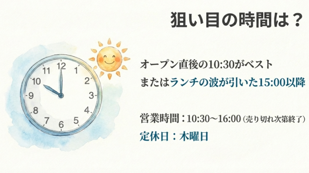 営業時間は10:30から16:00まで。混雑を避ける狙い目の時間はオープン直後の10:30か15:00以降。定休日は木曜日。