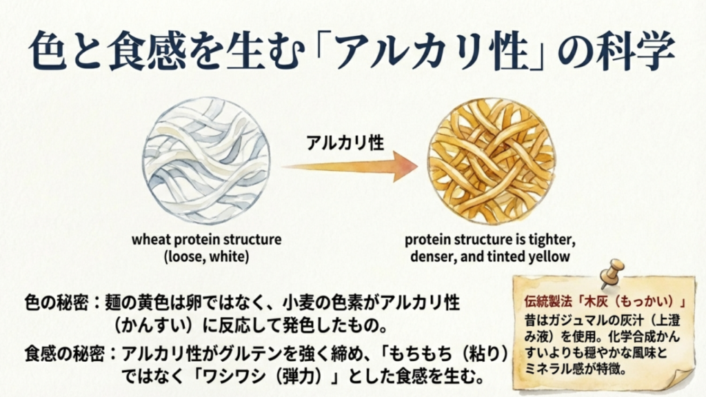 小麦粉のフラボノイド色素がアルカリ性で黄色く発色するメカニズムと伝統製法「木灰」の解説