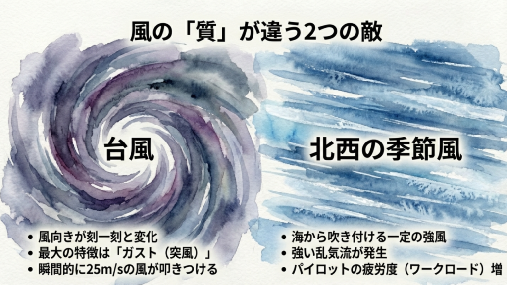 沖縄のフライトに影響する台風の突風（ガスト）と、冬の北西季節風による乱気流の違いを解説したイラスト。