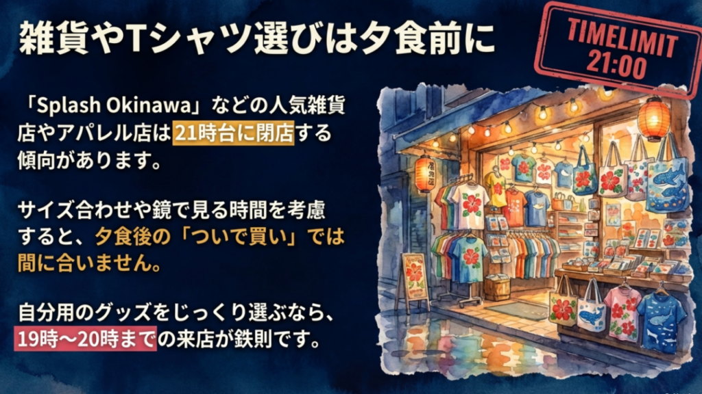 雑貨やTシャツ店は21時台に閉店するため、夕食前の19時から20時に行くのがおすすめ