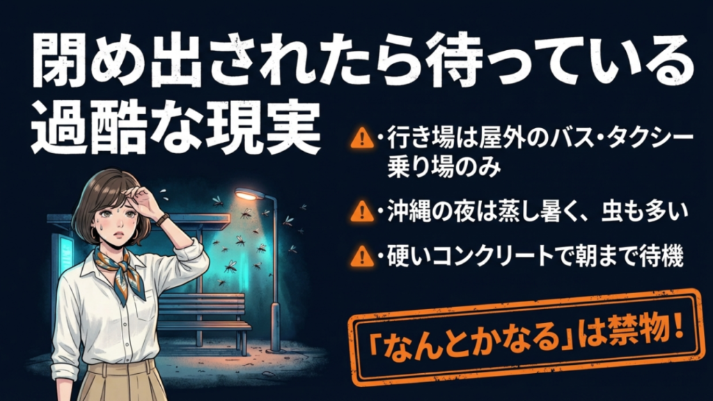 空港を追い出された後の過酷な現実。屋外のバス・タクシー乗り場で、蒸し暑さと虫に耐えながら朝を待つ様子。