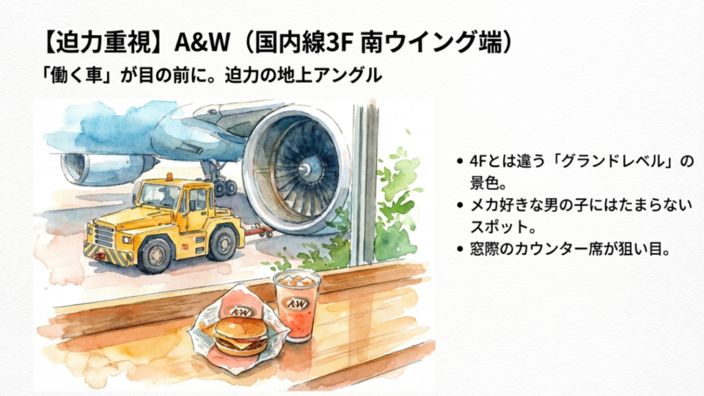 那覇空港の子連れランチ!飛行機が見える店や穴場フードコートを紹介 3 A&W那覇空港店:迫力の地上アングルで飛行機と働く車が見える