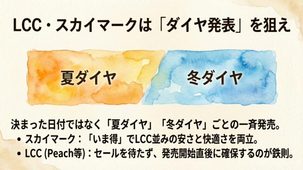 スカイマークやLCCは夏ダイヤ・冬ダイヤごとの一斉発売を狙う。いま得やセールの活用法
