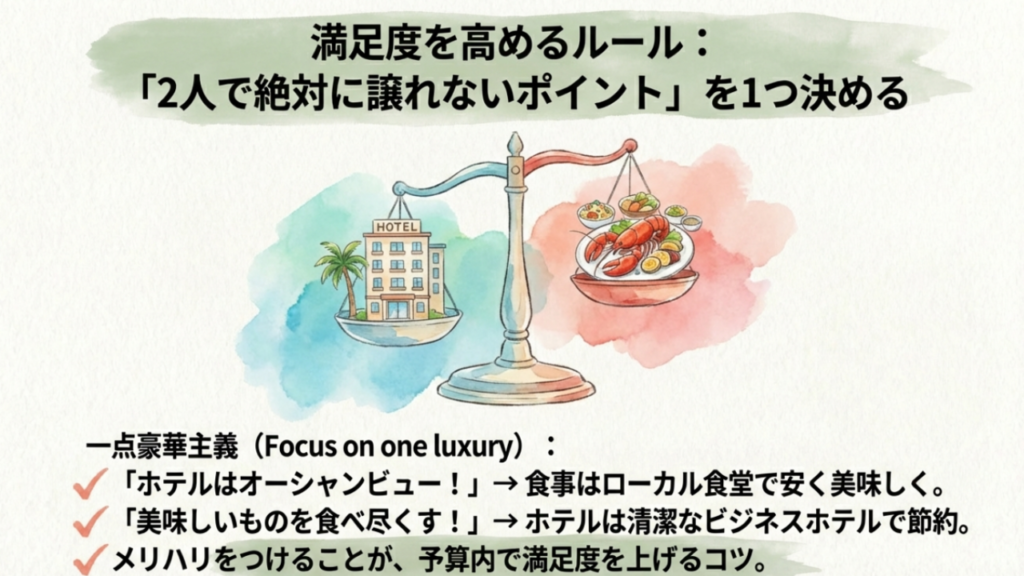 ホテルか食事か、どちらか一方を豪華にする「一点豪華主義」で満足度を高める天秤のイラスト