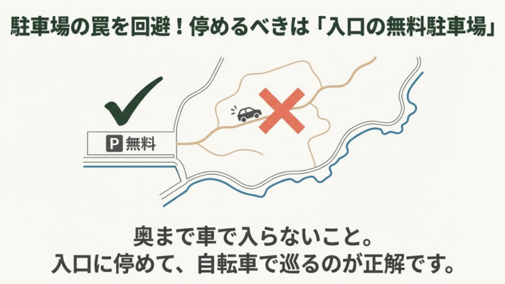 備瀬フクギ並木の入り口にある無料駐車場の場所と、集落奥への車での進入禁止を示す地図イラスト
