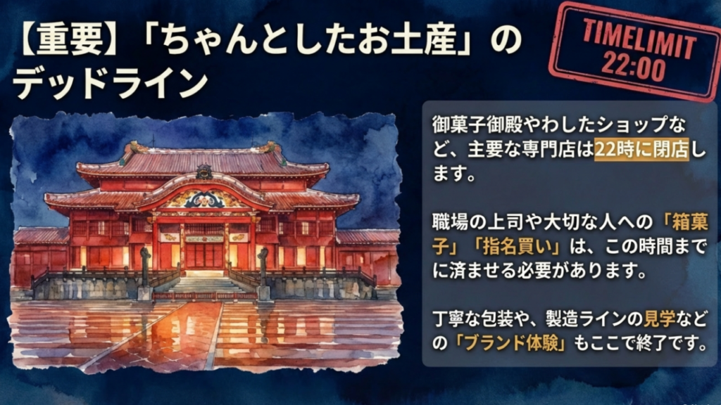 22時がお土産選びの境界線。専門店は閉店し、以降はドラッグストアなどが中心になる図解