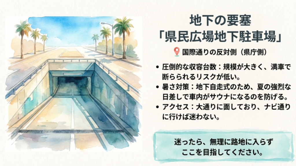 【2026年版】国際通りの停めやすい駐車場!安い・広い・予約可な穴場 4 雨の日も安心な沖縄県県民広場地下駐車場 大規模で満車リスクが低い