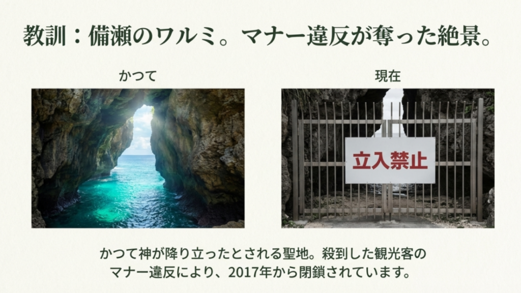 マナー違反により閉鎖され、フェンスで封鎖された備瀬のワルミの入り口と立ち入り禁止の看板。