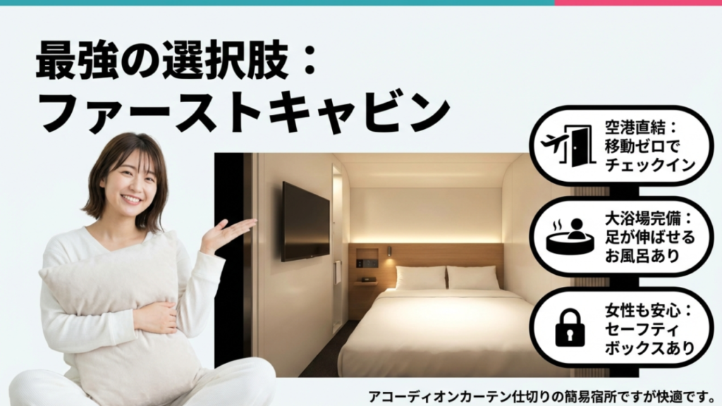 空港直結の宿泊施設ファーストキャビン那覇空港の特徴。移動ゼロ、大浴場完備、女性も安心のセキュリティ。