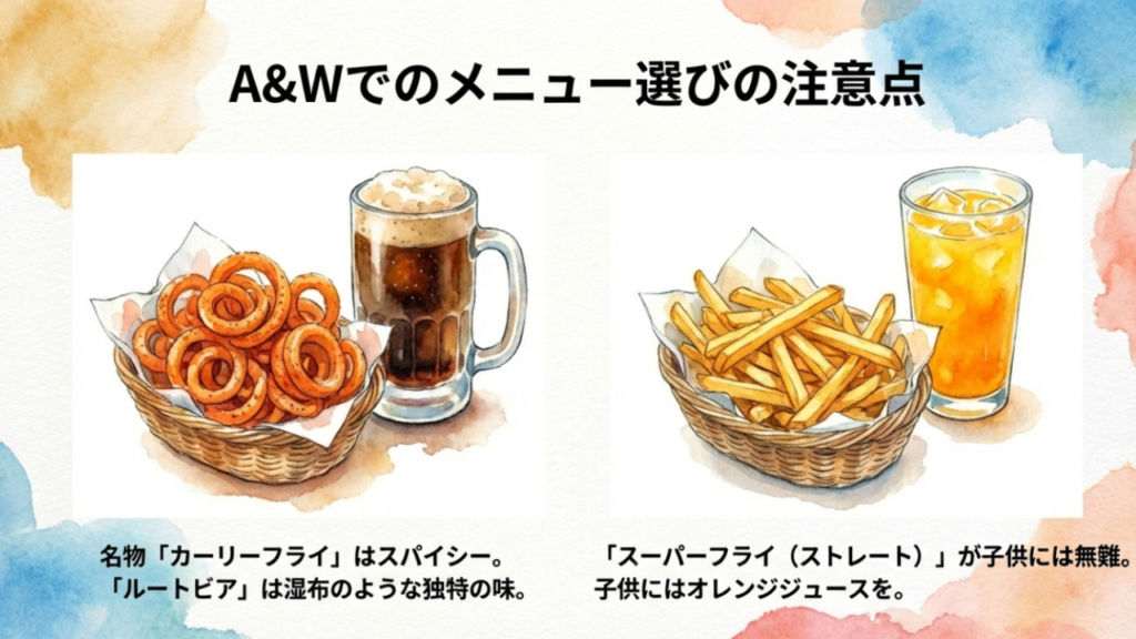 那覇空港の子連れランチ!飛行機が見える店や穴場フードコートを紹介 4 A&Wのメニュー選びのコツ:カーリーフライは辛いので子供にはスーパーフライを