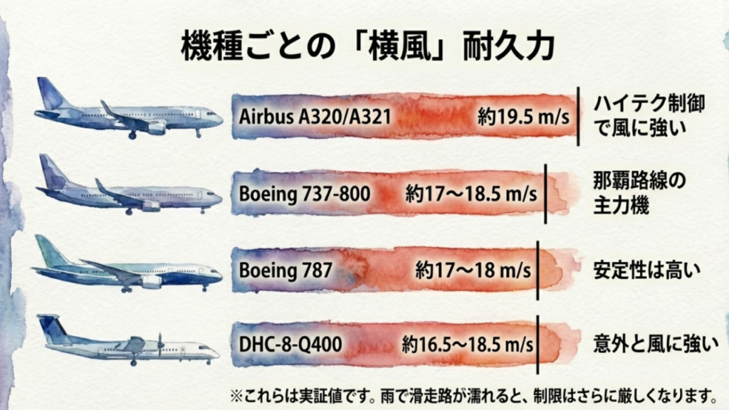 ボーイング737、エアバスA320、B787、DHC-8-Q400など、那覇空港発着機の最大実証横風値の比較イラスト。