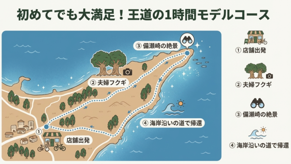店舗を出発し、夫婦フクギ、備瀬崎の絶景ポイントを巡って海岸沿いを戻る1時間のサイクリングルート図