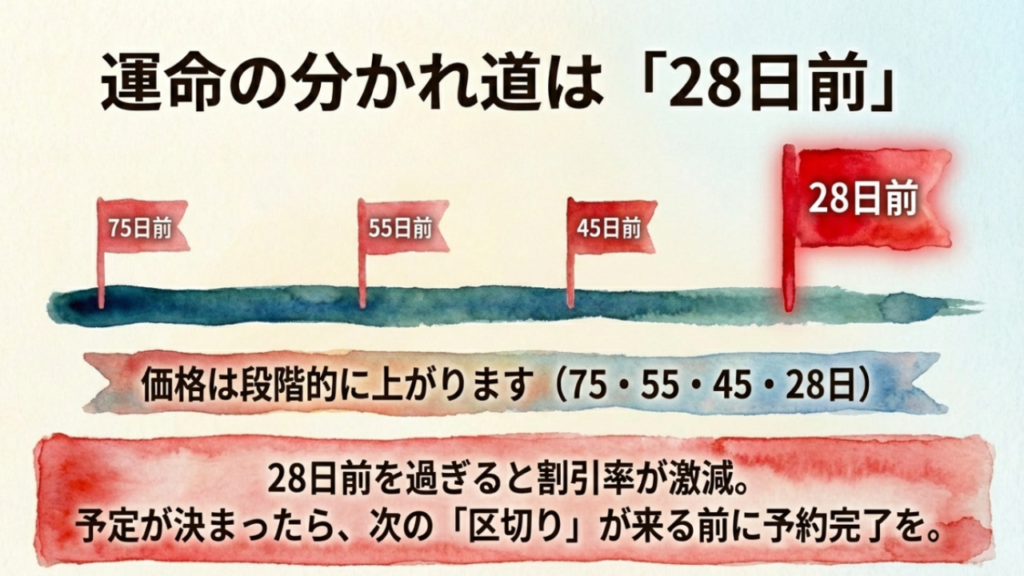 航空券は75日前、55日前、45日前、28日前と段階的に価格が上がる。28日前を過ぎると割引率が激減する図
