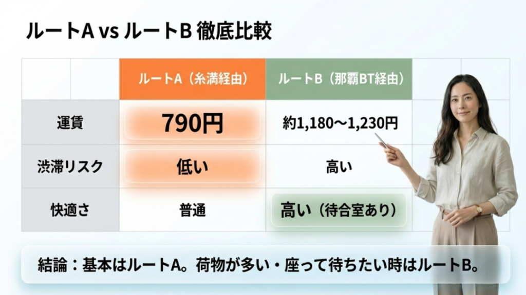 ルートAとルートBの運賃・渋滞リスク・快適さの比較表
