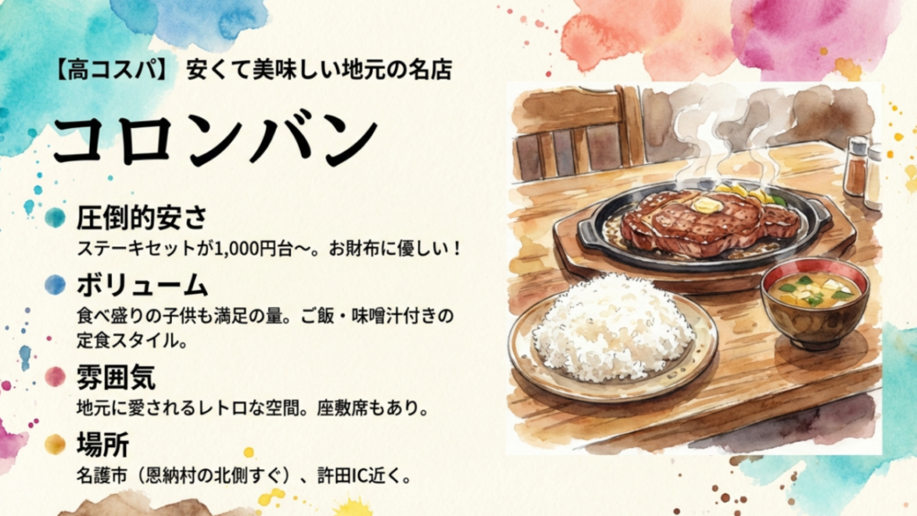 恩納村近くの名護市にあるコロンバンの高コスパステーキランチとレトロな座敷席