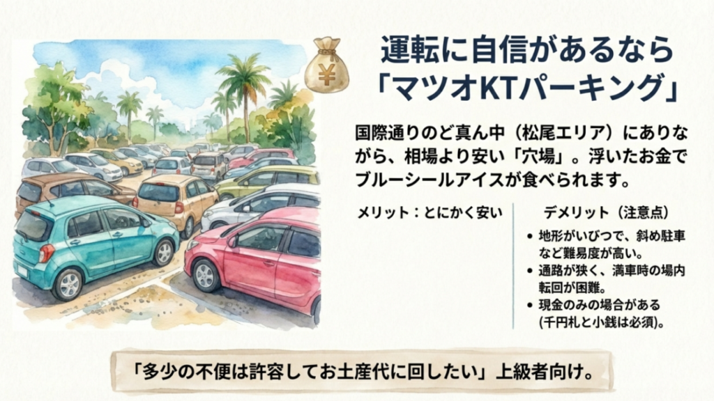 【2026年版】国際通りの停めやすい駐車場!安い・広い・予約可な穴場 6 国際通り中心部の格安駐車場マツオKTパーキング 安さと難易度