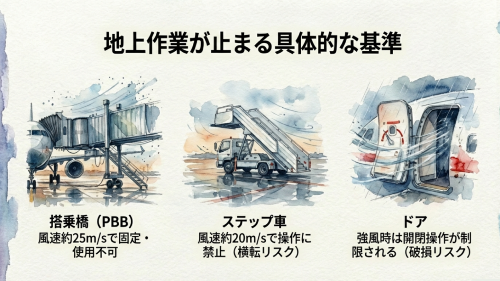 那覇空港のボーディングブリッジ（PBB）やタラップ車、航空機ドアが強風により操作制限を受ける様子のイメージイラスト。