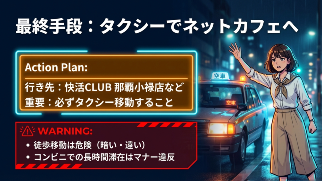 最終手段としてのタクシー移動とネットカフェ利用。快活CLUB那覇小禄店への移動と注意点。