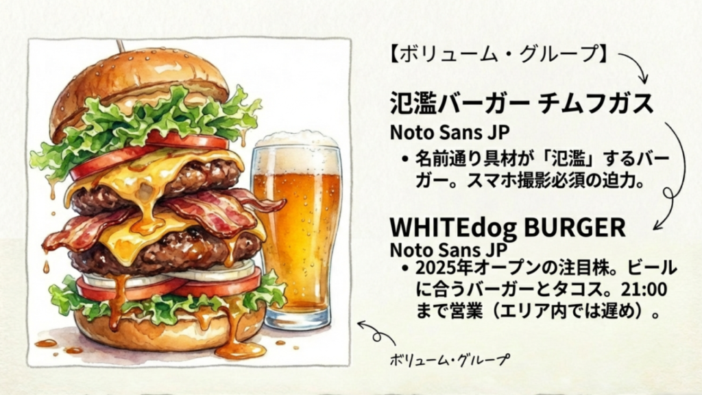 ウミカジテラスのディナーで人気の氾濫バーガーとWHITEdog BURGER。ボリューム満点の肉料理とビール。