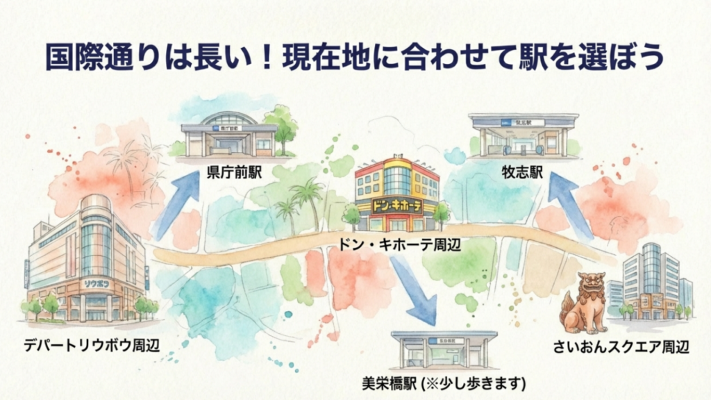 国際通りから那覇空港へゆいレールやタクシーの最適移動手段を比較 10 国際通りの現在地に合わせた最寄り駅マップ(県庁前・美栄橋・牧志)