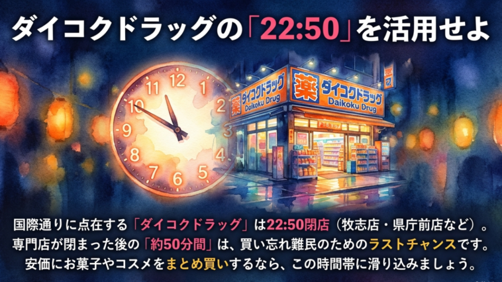 ダイコクドラッグは22時50分閉店。専門店が閉まった後の救済策として活用できる
