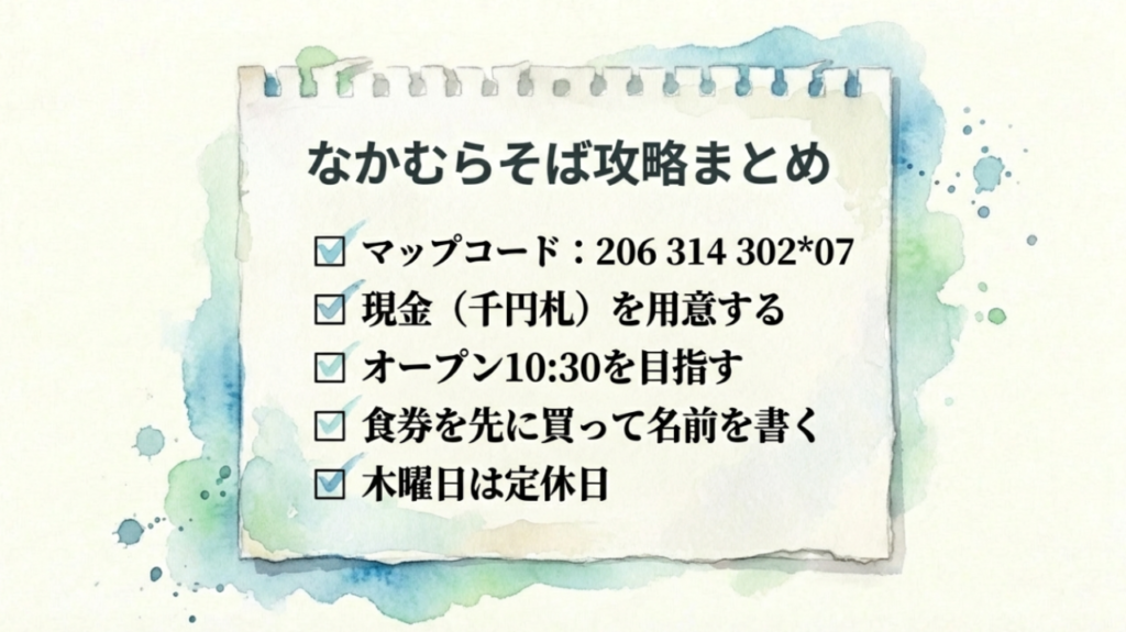 まとめ：マップコード206 314 302*07、現金の用意、オープン時間、木曜定休などの重要ポイント一覧。