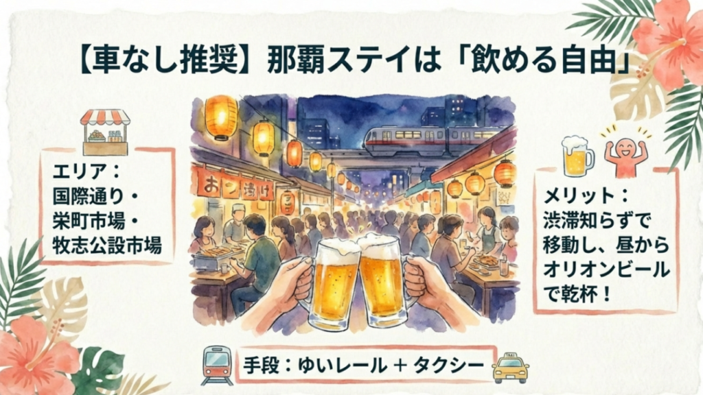 沖縄観光でレンタカーが必要か?車なし移動の最新事情2026 11 那覇市内観光はゆいレールとタクシーで。昼からお酒を楽しむ車なし旅
