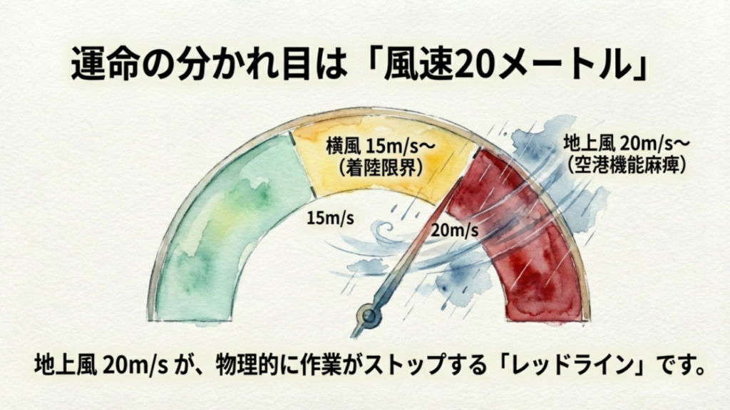 那覇空港において横風15m/sで着陸限界、地上風20m/sで空港機能が麻痺することを示す風速計のイラスト。