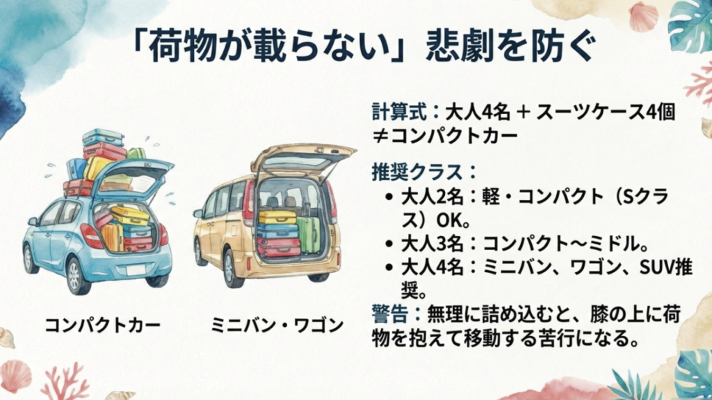 4人旅行でコンパクトカーを選ぶとスーツケースが入りきらない失敗例と推奨クラスの計算式