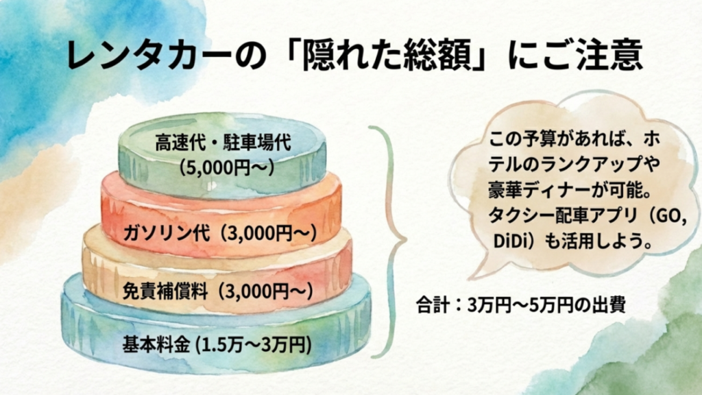 基本料金以外にかかるガソリン代、高速代、免責補償料、駐車場代などのレンタカー総額内訳