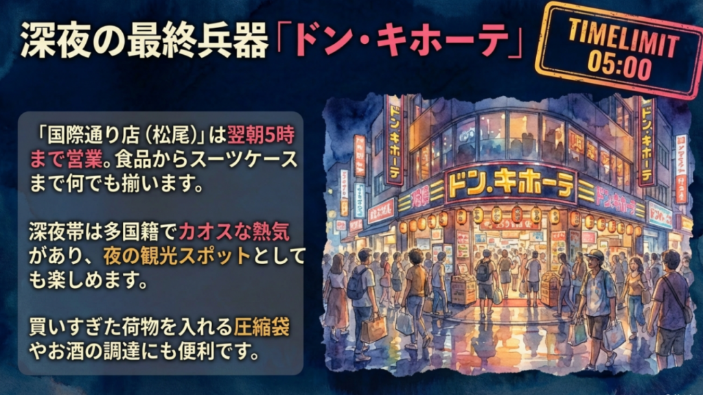 ドン・キホーテ国際通り店は翌朝5時まで営業。深夜の食品やお酒の調達に便利