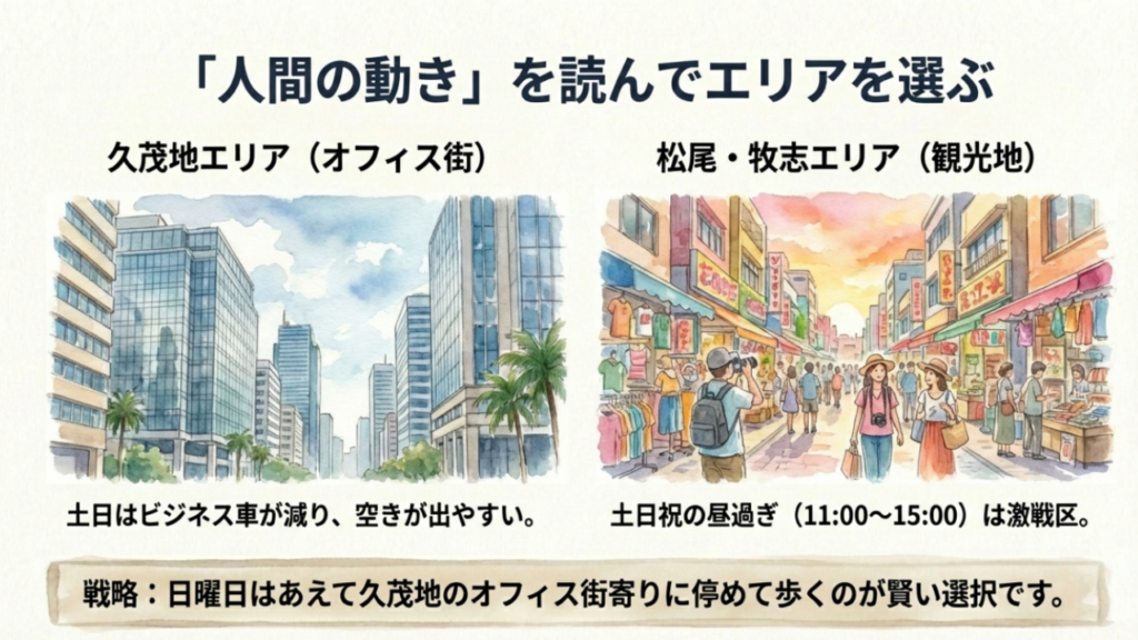 【2026年版】国際通りの停めやすい駐車場!安い・広い・予約可な穴場 10 那覇エリア別の混雑傾向 久茂地オフィス街と牧志観光地の違い