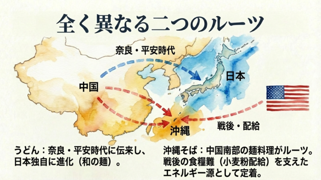 奈良時代に伝来したうどんと、中国南部から琉球王国へ伝わった沖縄そばの起源比較