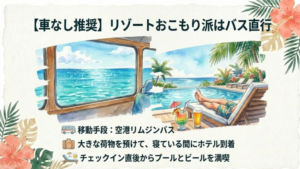 沖縄観光でレンタカーが必要か?車なし移動の最新事情2026 12 リゾートホテルへは空港リムジンバスで直行。荷物を預けて快適移動