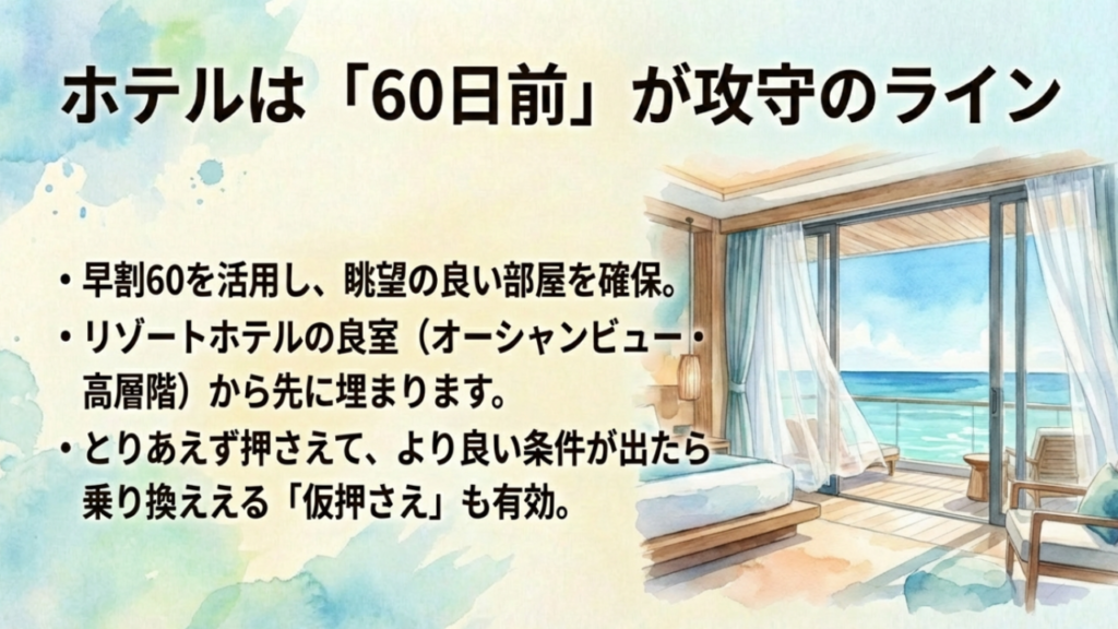沖縄のホテル予約は60日前の早割活用がおすすめ。オーシャンビューなどの良い部屋から埋まるため早めの確保が必要
