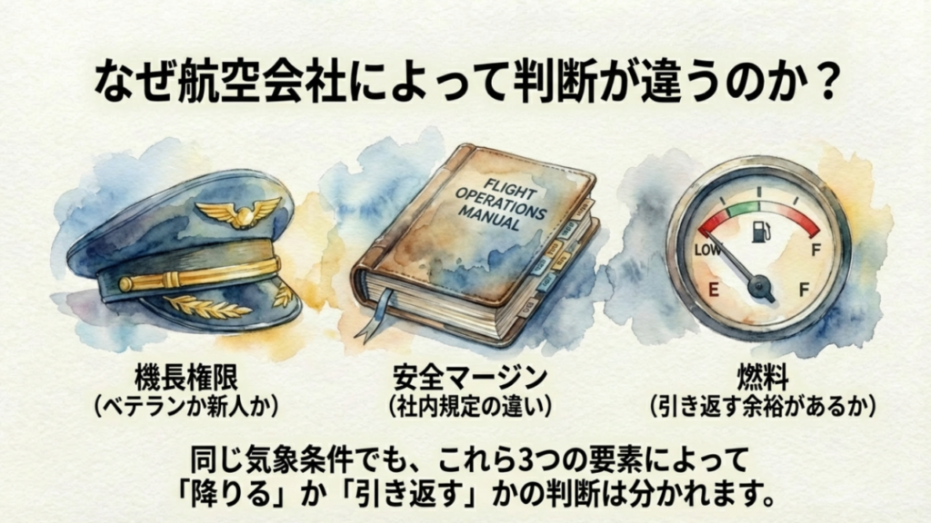 機長権限、社内規定（安全マージン）、搭載燃料の3要素によって、航空会社の運航判断が分かれる仕組みの解説図。