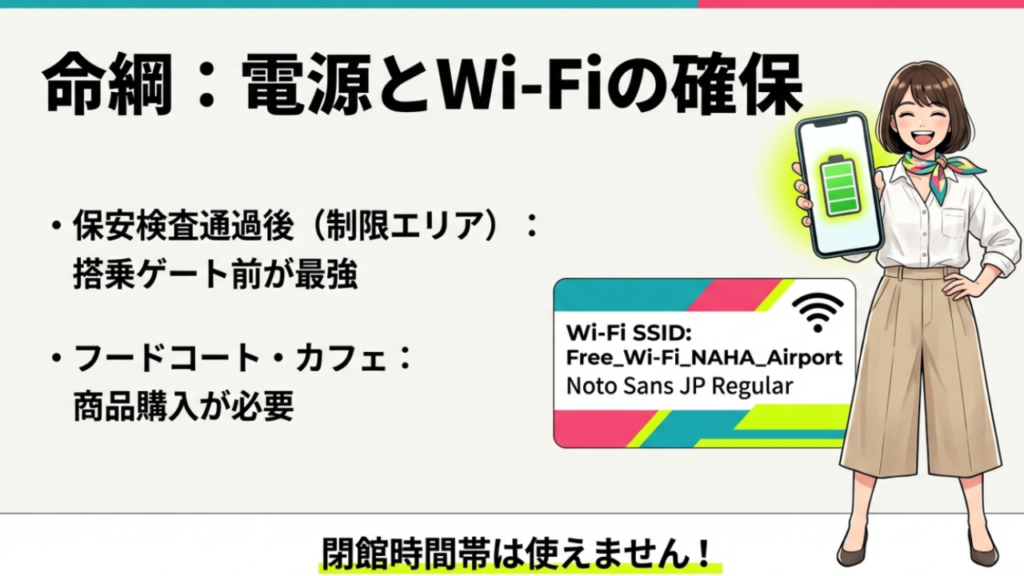 那覇空港の電源とWi-Fi確保ガイド。制限エリアやカフェの電源場所と、無料Wi-FiのSSID情報。