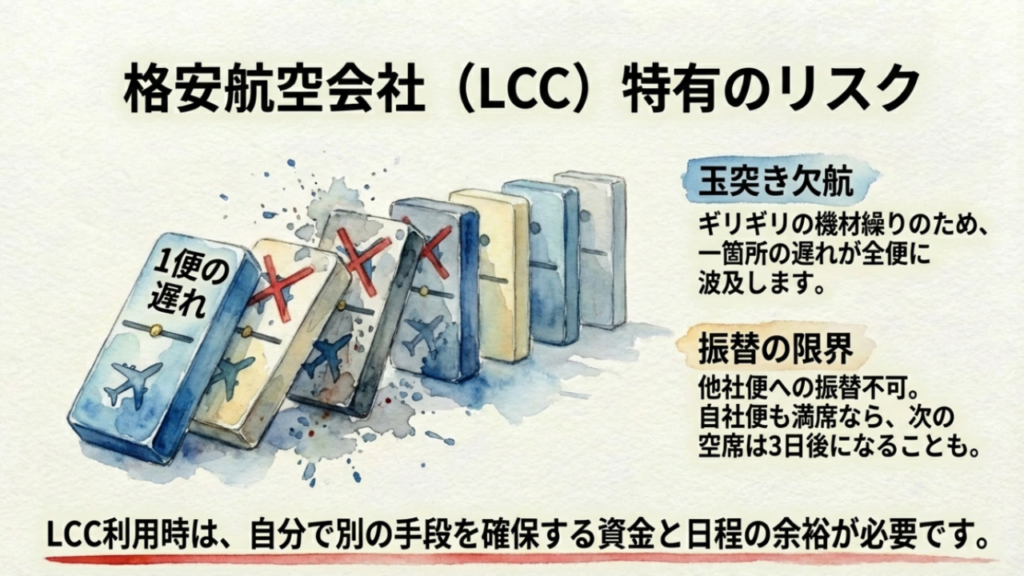 LCC（格安航空会社）において、1便の遅れが機材繰りの影響で全便欠航につながる「玉突き欠航」のイメージイラスト。